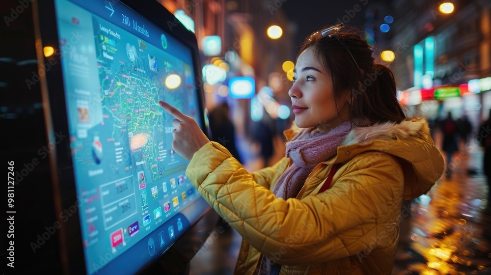 Young Woman Using Interactive Digital Kiosk on City Street at Night