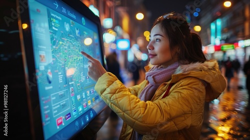 Obraz na płótnie Young Woman Using Interactive Digital Kiosk on City Street at Night w salonie