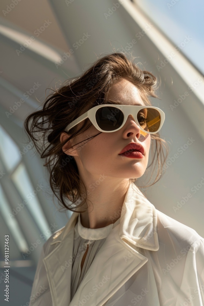 Stylish Woman in Sunglasses with Modern Architecture Background Stylish Woman in Sunglasses with Modern Architecture Background