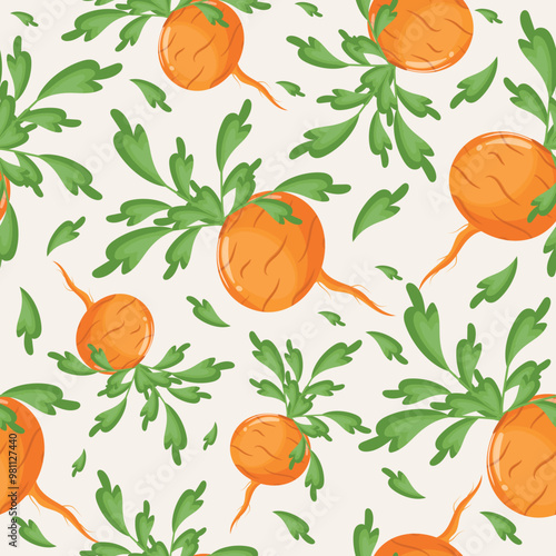 seamless pattern of round ball yorkie with green tails and green leaves arranged randomly, vector