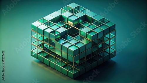 Obraz na płótnie Abstract geometric cubic structure with dark green tones in isometric render