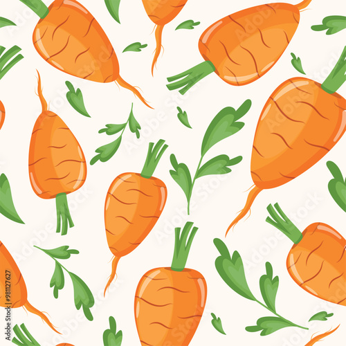 seamless pattern of round chantenay carrots with green tails and green leaves arranged randomly, vector