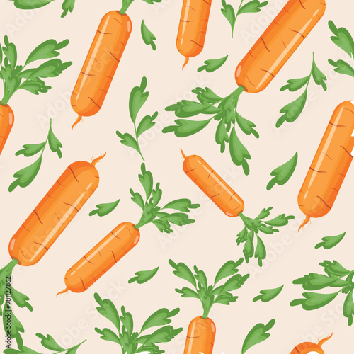 seamless pattern of rectangular carrot variety with green tails and green leaves arranged randomly, vector