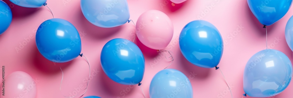 A vibrant array of blue and pink balloons adorns a soft pink backdrop, creating a cheerful atmosphere perfect for any celebration or event A vibrant array of blue and pink balloons adorns a soft pink backdrop, creating a cheerful atmosphere perfect for any celebration or event