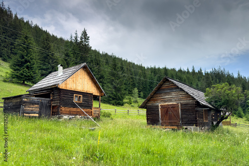 House made of wood in the heart of the mountains. Scenic photo with a wooden house in the middle of a forest.