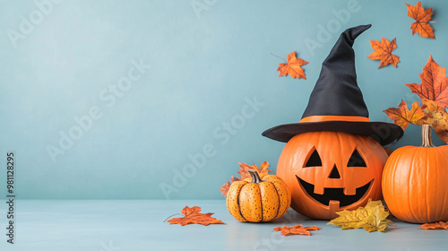 A pumpkin with a black hat on top of it is surrounded by other pumpkins and leaves. The scene is set in a Halloween setting photo