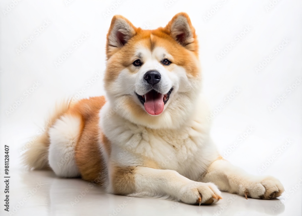 Fluffy white and brown Akita dog lies comfortably on a pristine white background, showcasing its sweet expression and majestic features in a studio portrait. Fluffy white and brown Akita dog lies comfortably on a pristine white background, showcasing its sweet expression and majestic features in a studio portrait.