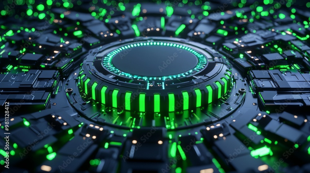 Futuristic Circuit Board with Glowing Green Lights