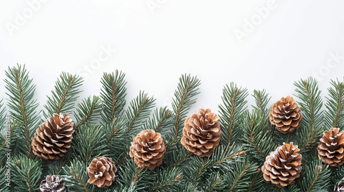 Snowy Pine Cones and Evergreen Branches on White Background