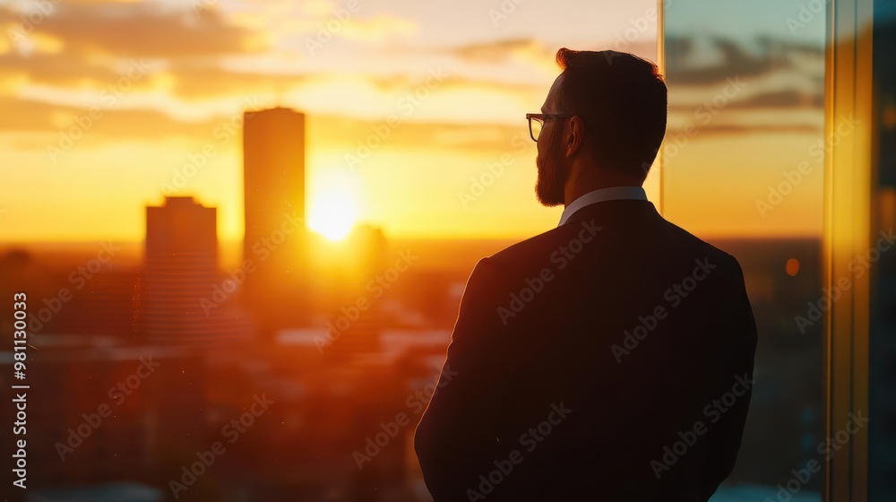 A confident CEO standing at a glass window, overlooking a city skyline at sunset, wearing a sleek suit, backlit by golden light, DSLR camera, 50mm lens, high contrast A confident CEO standing at a glass window, overlooking a city skyline at sunset, wearing a sleek suit, backlit by golden light, DSLR camera, 50mm lens, high contrast