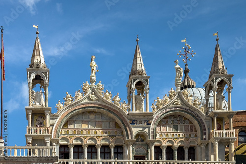 Venice landscape photo from boat. Sunny summer day in Venice, view to San Marco Square and other landmark buildings. Travel to Italy. photo