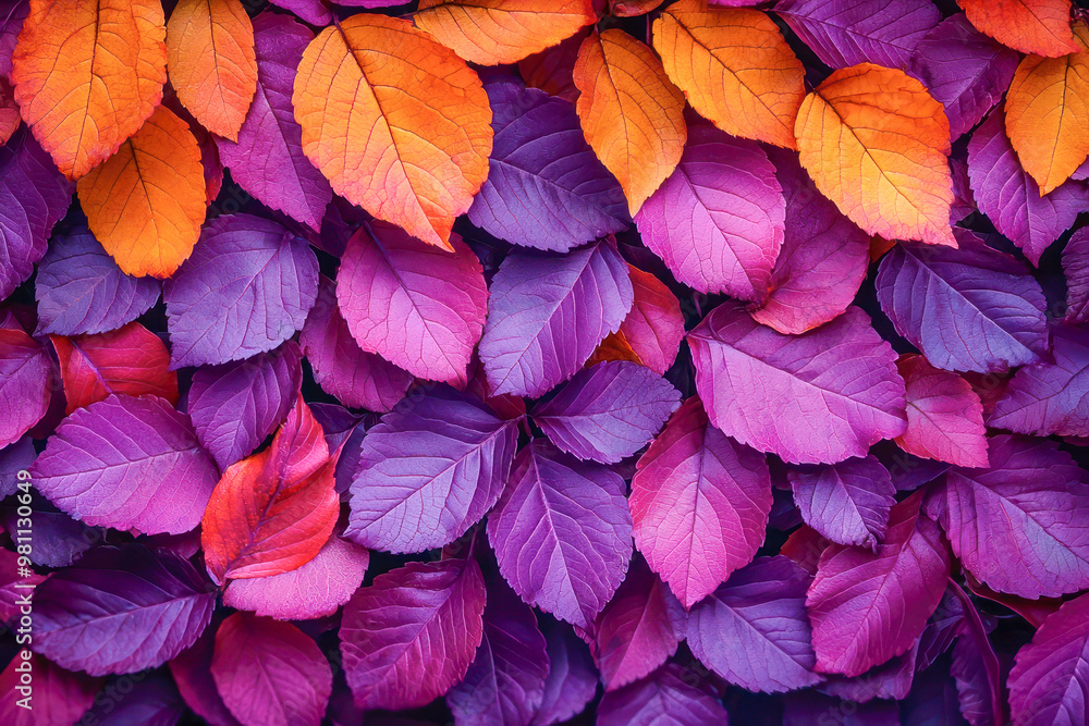 Fototapeta premium Vibrant purple and orange leaves layered together creating a striking and colorful autumn pattern.