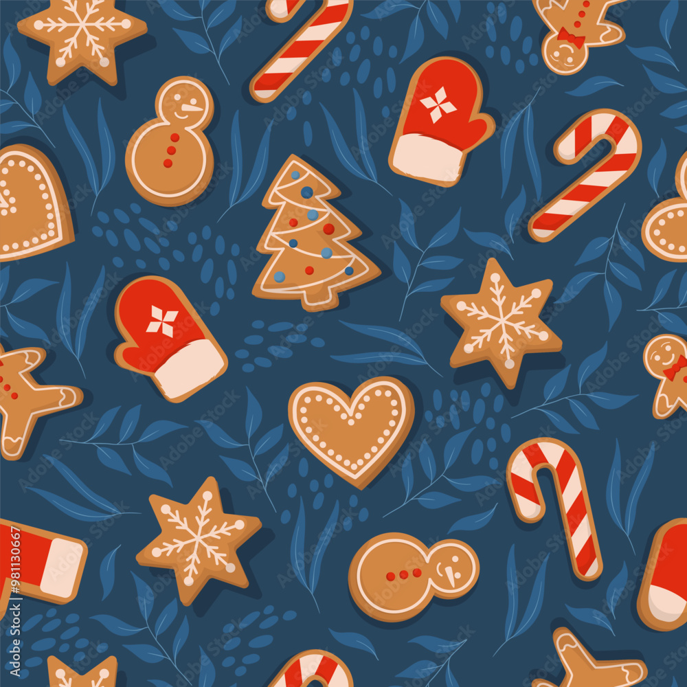 Gingerbread Cookies Seamless Christmas Pattern falling snow and snowflakes blue background. Gingerbread Cookies Seamless Christmas Pattern falling snow and snowflakes blue background.