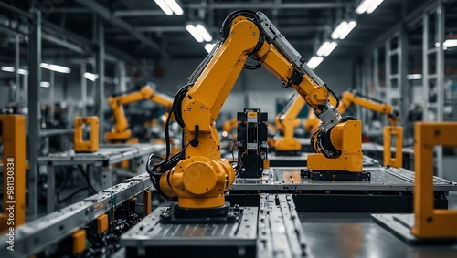 Advanced robotic arms assembling packages in a high-tech factory.