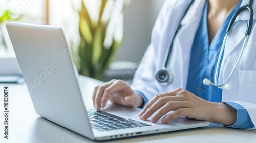 Medical professional working on laptop in clinic or hospital office