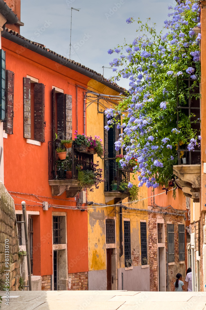 Fototapeta premium Details of Venice. Photo with flowers and vivid buildings color landscape on the streets of Venice. Travel to Italy.