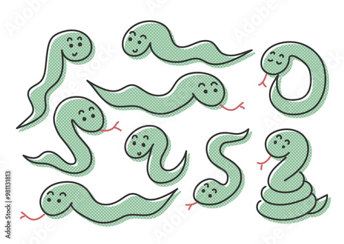 かわいい手書きの蛇のイラストセット