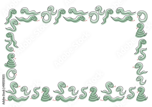かわいい手書きの蛇のフレームイラスト