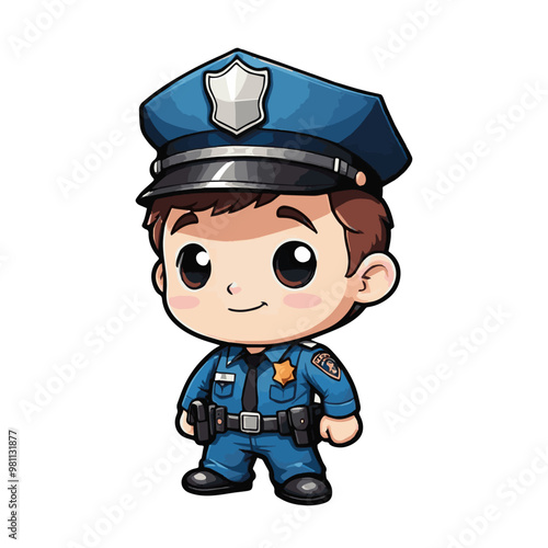 Cute little boy, hero policeman in blue uniform, cartoon character on white