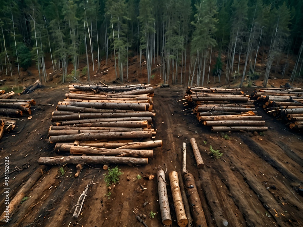 Aerial view of a clear-cut forest with stacked logs and machinery Aerial view of a clear-cut forest with stacked logs and machinery