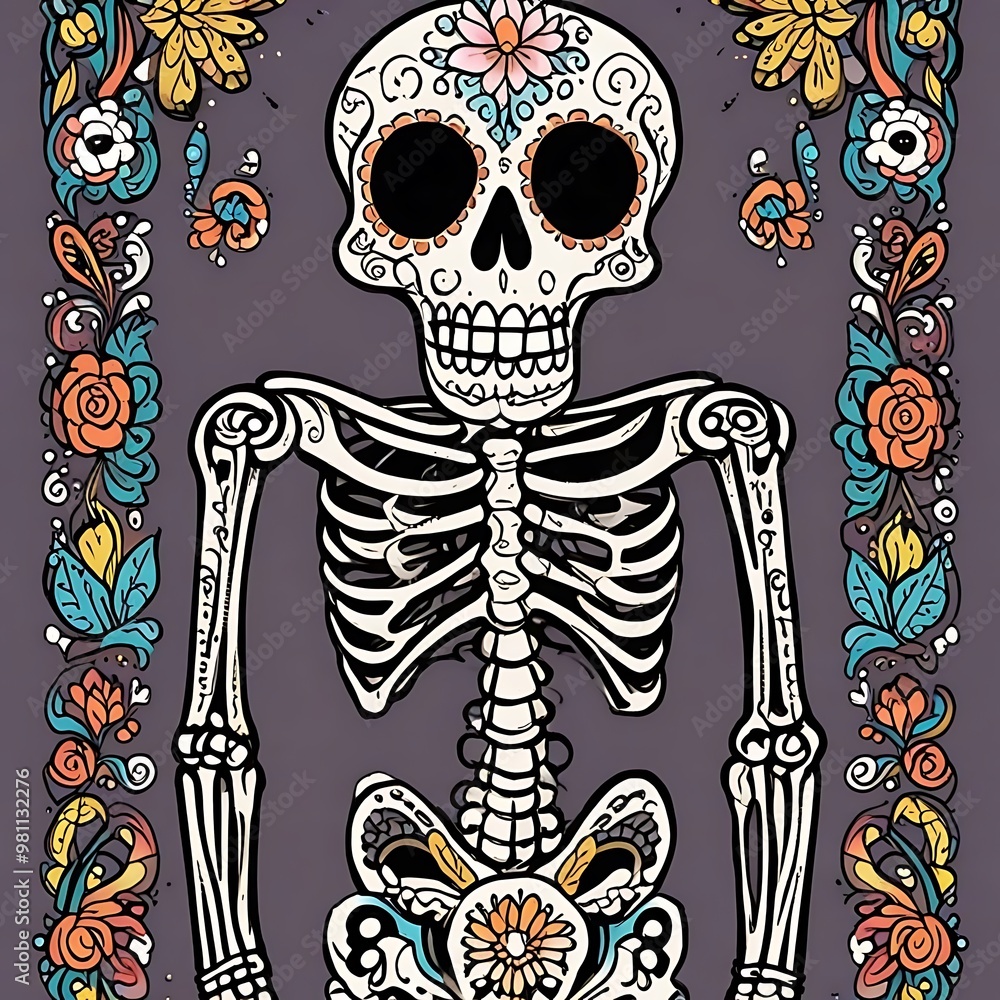 Esqueleto del Día de Muertos para colorear, diseño tradicional mexicano