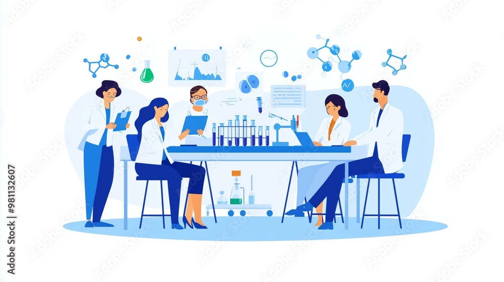 Doctors and Researchers Team Works at Research Center or Laboratory. Female and Male Medical Experts and Scientist Study, Discuss, Analyze. Nanomedicine and Nanotechnology Flat Vector Illustration Doctors and Researchers Team Works at Research Center or Laboratory. Female and Male Medical Experts and Scientist Study, Discuss, Analyze. Nanomedicine and Nanotechnology Flat Vector Illustration