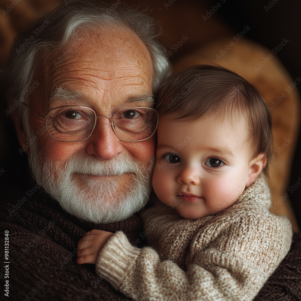 A man and a baby are sitting together, with the baby being held by the man A man and a baby are sitting together, with the baby being held by the man