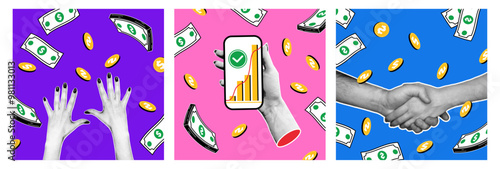 Set of square posters with halftone hands. Mobile phone in hands with a graph of financial growth, hands catching falling money, coins, bills, handshake, including a financial transaction.