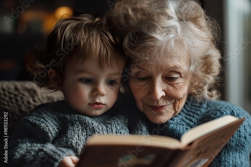 Grandmother and Grandchild Sharing a Book, Happy Family Moments