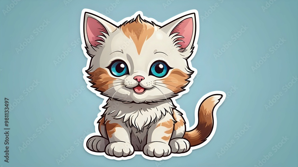 Fototapeta premium Adorable cartoon kitten with big blue eyes and a happy expression.