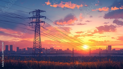 A serene sunset landscape featuring power lines and a city skyline in the background.