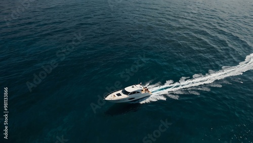 Wallpaper Mural Aerial view of a white speedboat sailing on blue ocean water Torontodigital.ca