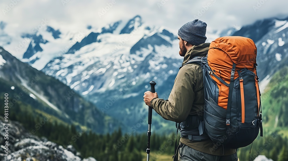 A hiker stands on a mountain trail, gazing at the majestic snow-capped peaks and lush green valleys. A hiker stands on a mountain trail, gazing at the majestic snow-capped peaks and lush green valleys.