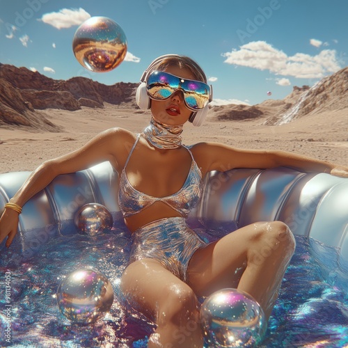 Reflective pool with woman in VR headset and shiny outfit photo