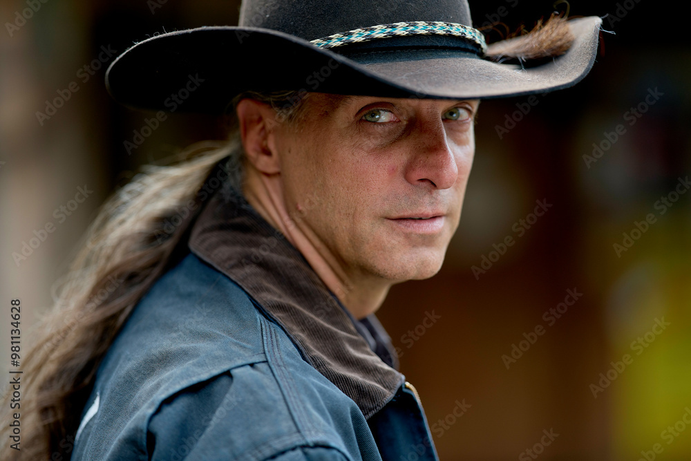 Close-up of a man with grey hair wearing a cowboy hat and looking over his shoulder with a focused expression. Close-up of a man with grey hair wearing a cowboy hat and looking over his shoulder with a focused expression.