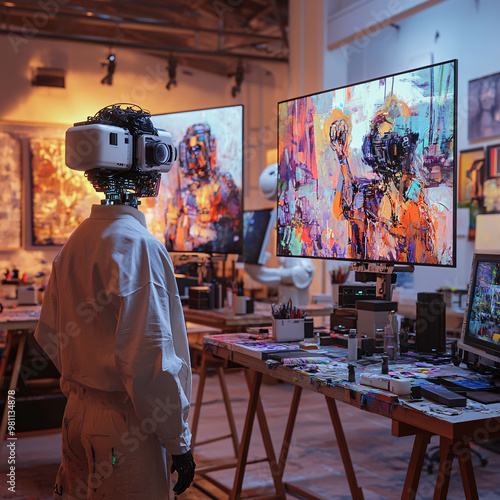 An artists studio featuring humanoid robot using AI tools to create vibrant artwork. environment is filled with colorful paintings and various art supplies, showcasing blend of technology and creativi photo