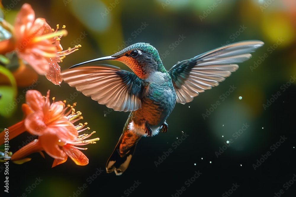 Fototapeta premium freezeframe capture of iridescent hummingbird midflight wings a blur beak approaching exotic flower rainforest backdrop