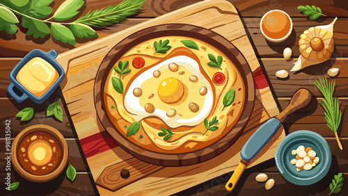 Top view of a tasty traditional Ajarian khachapuri an open baked pie filled with melted salted Suluguni cheese and egg yolk on a wooden tray on the table while being cooked.