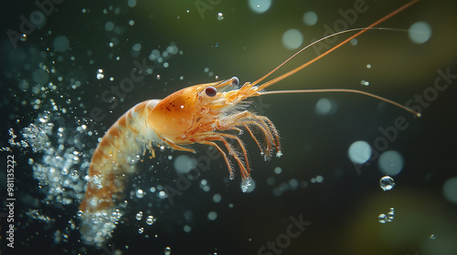 A pistol shrimp in action, snapping its claw with a burst of energy, creating shockwaves in the water. Small bubbles and particles rise as the shrimp moves quickly through its environment   photo