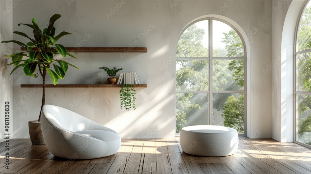 Sunlit Modern Living Room with Arched Windows and Greenery Sunlit Modern Living Room with Arched Windows and Greenery