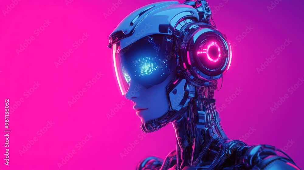 Futuristic robot head with pink neon glowing elements