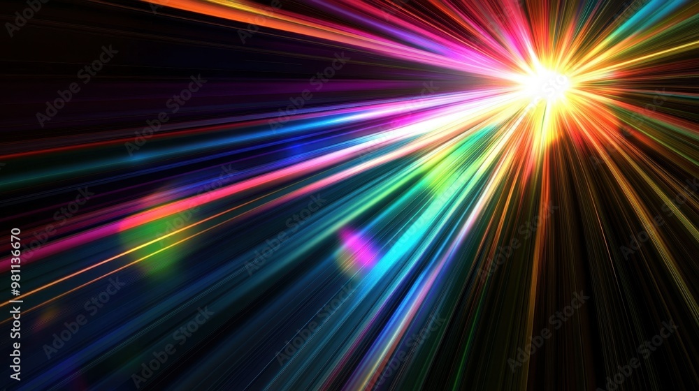 Fototapeta premium Abstract sunburst and iridescent glare effects overlay on a black background, enhancing image quality for screen blending designs