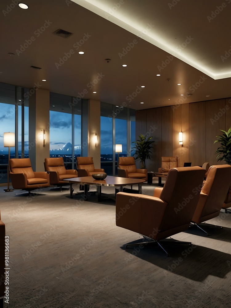 Airport lounge with comfortable recliners, dimmed lights, and runway views. Airport lounge with comfortable recliners, dimmed lights, and runway views.
