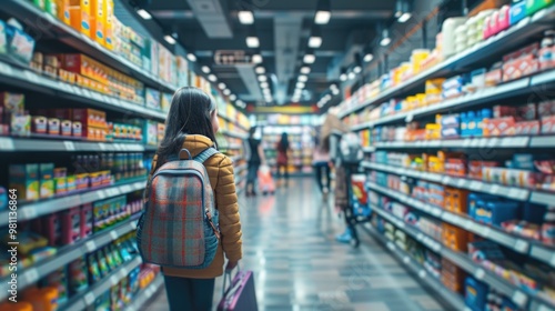 Young Woman Shopping in Colorful Supermarket Aisle