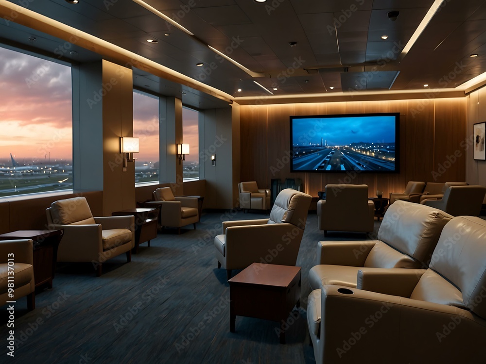 Airport lounge with recliners, dim lights, and runway views for a restful atmosphere. Airport lounge with recliners, dim lights, and runway views for a restful atmosphere.