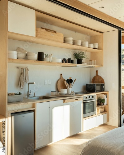 A minimalist tiny kitchen with open shelving, compact appliances, and a simple layout, optimizing space in a tiny home. photo