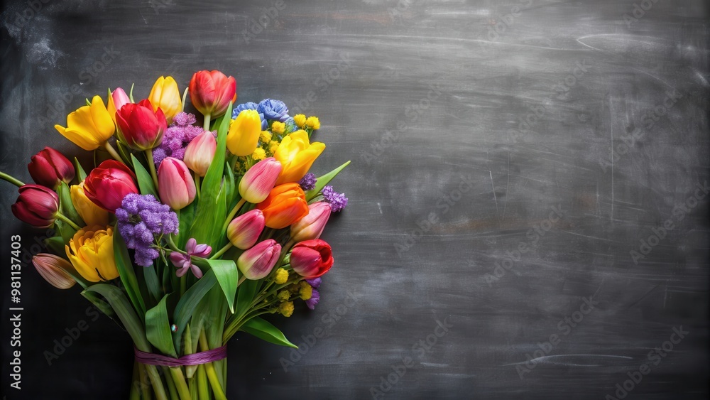 Colorful spring flowers bouquet on blackboard background with space for text Colorful spring flowers bouquet on blackboard background with space for text