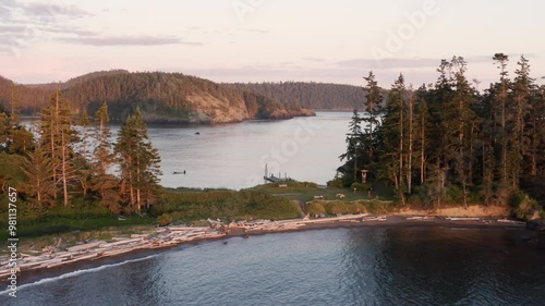 Aerial Flyover of Trail Along Fidalgo Bay at Rosario Beach, Anacortes, Washington photo