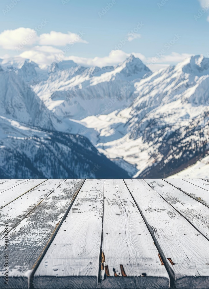 White table with Blurry Snow mountains background for product display White table with Blurry Snow mountains background for product display