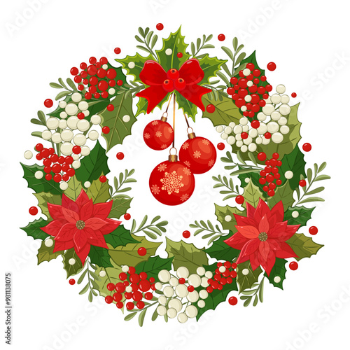 Red poinsettias and white berries adorn a green foliage wreath, capturing the spirit of the winter holiday. Vector illustration.